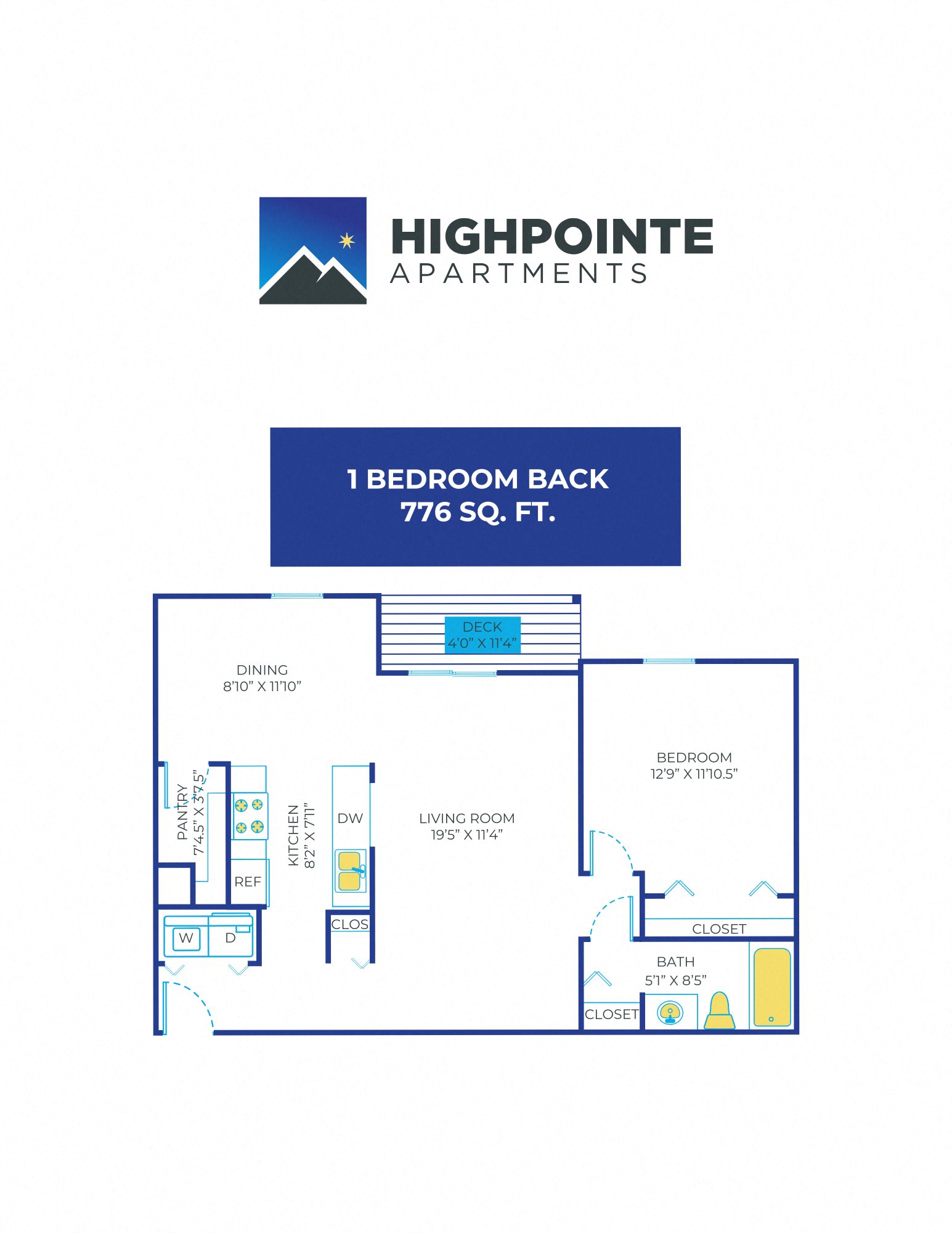 Floor plan for 1 bed, 1 bath, 776 sqft